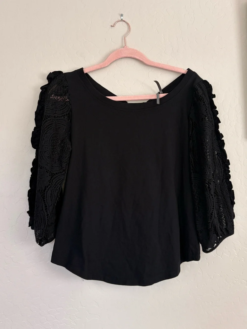 Anthropologie Nina Lace Sleeve Tie Back Top Black Cotton Blouse Small Boho